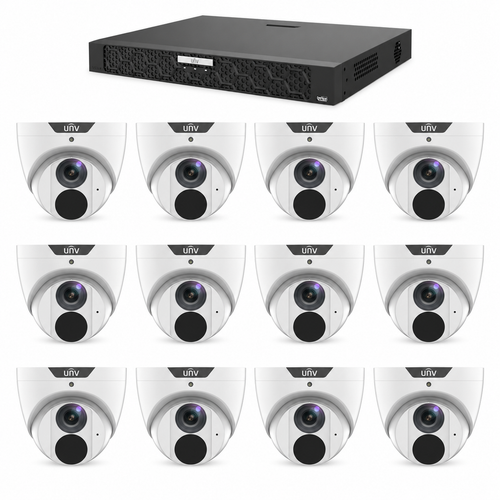 12 Uniview IPC3618SB-ADF28KM-I0 cameras with one NVR502-16B-P16 recorder — package illustration