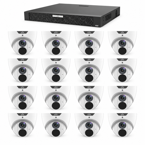 16 Uniview IPC3618SB-ADF28KM-I0 cameras with one NVR502-16B-P16 recorder — package illustration